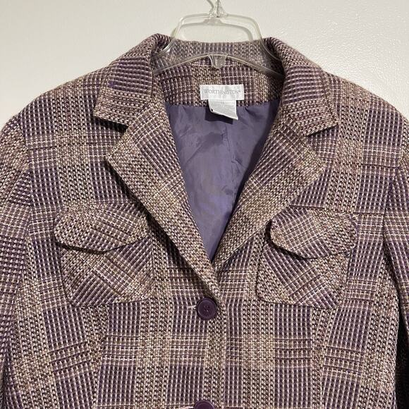 Worthington Plaid Tweed Cropped Blazer Size 14 Purple Beige Pockets Office Fall - Picture 2 of 11